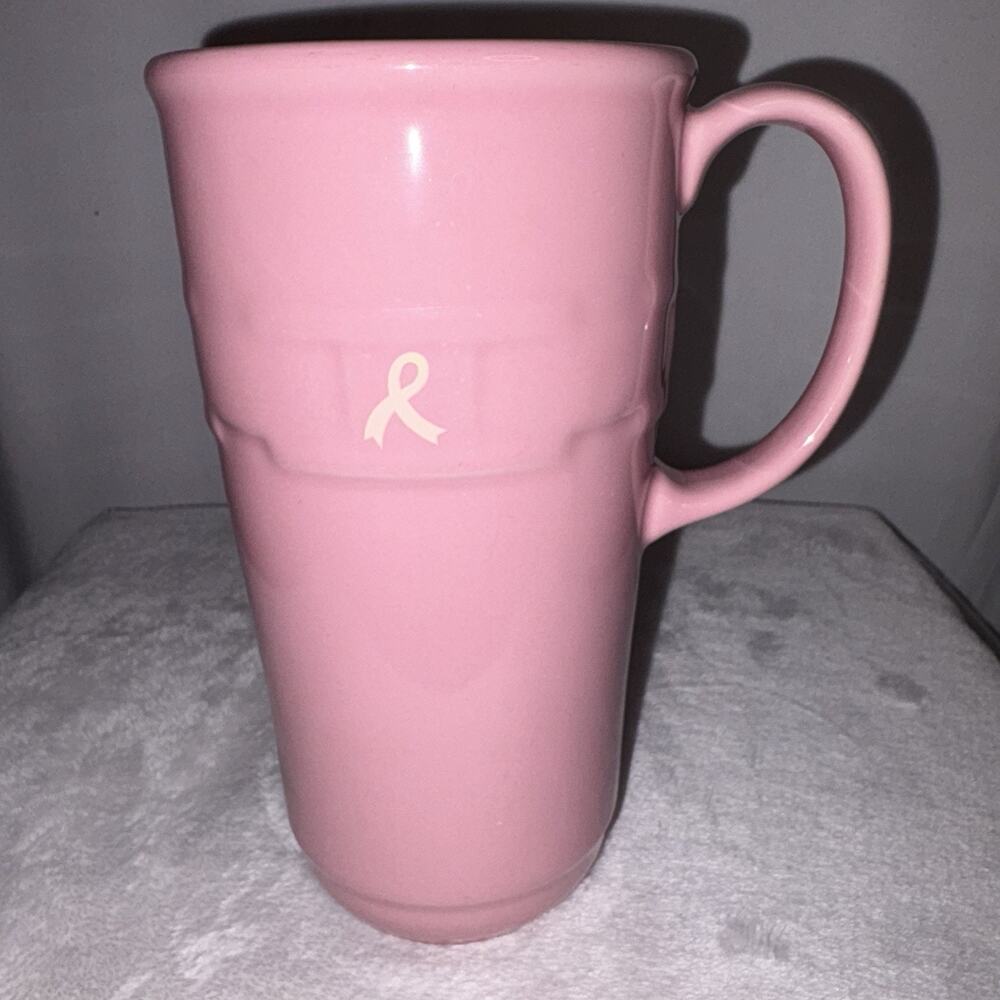 Longaberger Tall Coffee Mug Cup Pink Pottery Breast Cancer Awareness EUC - Picture 3 of 5